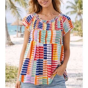 THML Women's Colorful Smocked Blouse Size S Cotton Boho Peasant Top